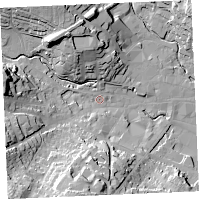 Shaded relief map of the ground around TR13XF, computed from Environment Agency LiDAR. The ground here sits at about 5 m above sea level and falls 42 m across the surrounding 800 m. Surface water reaching this point runs off ground lying to the south-west, 37.0 m higher.