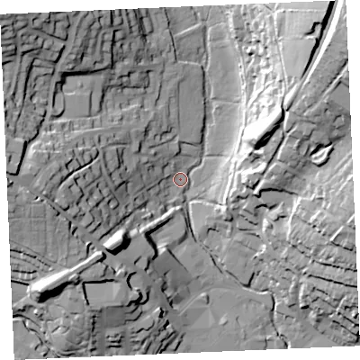 Shaded relief map of the ground around TR13XG, computed from Environment Agency LiDAR. The ground here sits at about 5 m above sea level and falls 51 m across the surrounding 800 m. Surface water reaching this point runs off ground lying to the north-east, 47.6 m higher.