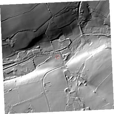 Shaded relief map of the ground around TR140BA, computed from Environment Agency LiDAR. The ground here sits at about 46 m above sea level and falls 44 m across the surrounding 800 m. Surface water reaching this point runs off ground lying to the south, 33.8 m higher.