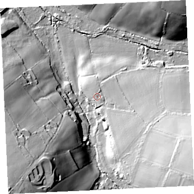 Shaded relief map of the ground around TR140BH, computed from Environment Agency LiDAR. The ground here sits at about 44 m above sea level and falls 51 m across the surrounding 800 m. Surface water reaching this point runs off ground lying to the east-south-east, 2.2 m higher.