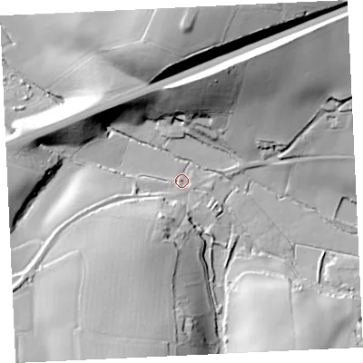 Shaded relief map of the ground around TR140DU, computed from Environment Agency LiDAR. The ground here sits at about 21 m above sea level and falls 57 m across the surrounding 800 m. Surface water reaching this point runs off ground lying to the south-south-west, 35.9 m higher.