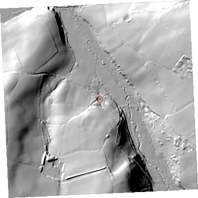 Shaded relief map of the ground around TR140DW, computed from Environment Agency LiDAR. The ground here sits at about 16 m above sea level and falls 63 m across the surrounding 800 m. Surface water reaching this point runs off ground lying to the south, 48.4 m higher.