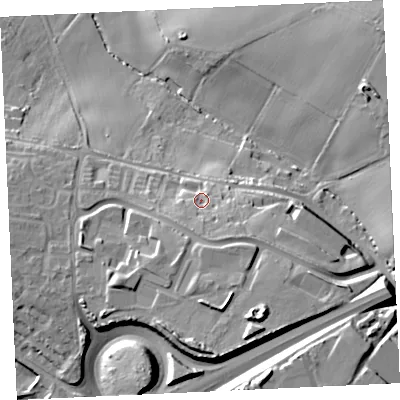 Shaded relief map of the ground around TR140EP, computed from Environment Agency LiDAR. The ground here sits at about 83 m above sea level and falls 35 m across the surrounding 800 m. Surface water reaching this point runs off ground lying to the south, 8.3 m higher.