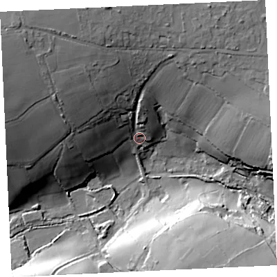 Shaded relief map of the ground around TR140JA, computed from Environment Agency LiDAR. The ground here sits at about 56 m above sea level and falls 43 m across the surrounding 800 m. Surface water reaching this point runs off ground lying to the north-west, 30.9 m higher.