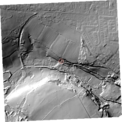 Shaded relief map of the ground around TR140JB, computed from Environment Agency LiDAR. The ground here sits at about 56 m above sea level and falls 39 m across the surrounding 800 m. Surface water reaching this point runs off ground lying to the north-east, 29.3 m higher.