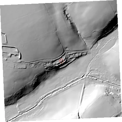 Shaded relief map of the ground around TR140JG, computed from Environment Agency LiDAR. The ground here sits at about 43 m above sea level and falls 64 m across the surrounding 800 m. Surface water reaching this point runs off ground lying to the west, 7.5 m higher.