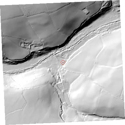 Shaded relief map of the ground around TR140JH, computed from Environment Agency LiDAR. The ground here sits at about 16 m above sea level and falls 61 m across the surrounding 800 m. Surface water reaching this point runs off ground lying to the east-south-east, 45.8 m higher.