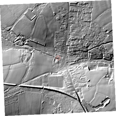 Shaded relief map of the ground around TR140JQ, computed from Environment Agency LiDAR. The ground here sits at about 94 m above sea level and falls 37 m across the surrounding 800 m. Surface water reaching this point runs off ground lying to the north-east, 29.5 m higher.
