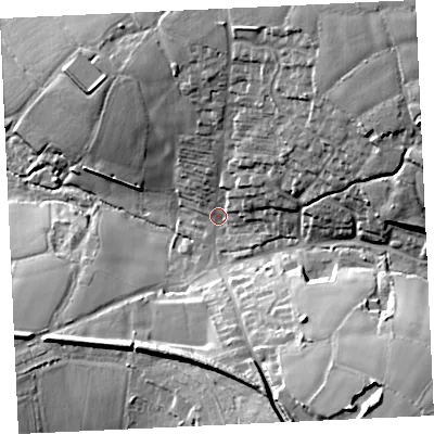 Shaded relief map of the ground around TR140JU, computed from Environment Agency LiDAR. The ground here sits at about 95 m above sea level and falls 38 m across the surrounding 800 m. Surface water reaching this point runs off ground lying to the north-east, 30.5 m higher.