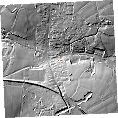 Shaded relief map of the ground around TR140LQ, computed from Environment Agency LiDAR. The ground here sits at about 97 m above sea level and falls 38 m across the surrounding 800 m. Surface water reaching this point runs off ground lying to the north-east, 30.6 m higher.