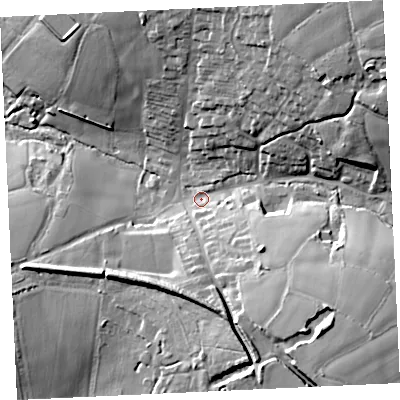 Shaded relief map of the ground around TR140LR, computed from Environment Agency LiDAR. The ground here sits at about 96 m above sea level and falls 37 m across the surrounding 800 m. Surface water reaching this point runs off ground lying to the north-east, 29.8 m higher.