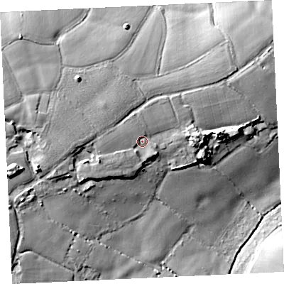 Shaded relief map of the ground around TR140LU, computed from Environment Agency LiDAR. The ground here sits at about 85 m above sea level and falls 26 m across the surrounding 800 m. Surface water reaching this point runs off ground lying to the west, 3.2 m higher.
