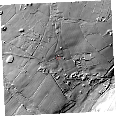 Shaded relief map of the ground around TR140NP, computed from Environment Agency LiDAR. The ground here sits at about 73 m above sea level and falls 42 m across the surrounding 800 m. Surface water reaching this point runs off ground lying to the north-north-west, 8.6 m higher.