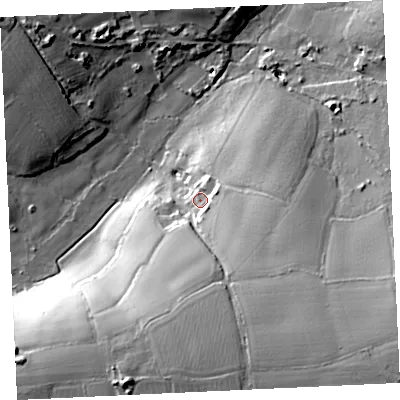 Shaded relief map of the ground around TR140NU, computed from Environment Agency LiDAR. The ground here sits at about 63 m above sea level and falls 43 m across the surrounding 800 m. Surface water reaching this point runs off ground lying to the south-east, 25.3 m higher.