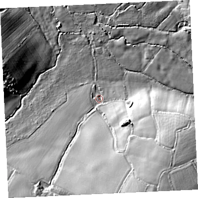 Shaded relief map of the ground around TR140PN, computed from Environment Agency LiDAR. The ground here sits at about 69 m above sea level and falls 34 m across the surrounding 800 m. Surface water reaching this point runs off ground lying to the south-east, 27.9 m higher.