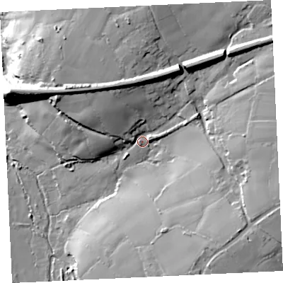 Shaded relief map of the ground around TR140QH, computed from Environment Agency LiDAR. The ground here sits at about 67 m above sea level and falls 42 m across the surrounding 800 m. Surface water reaching this point runs off ground lying to the north-east, 24.8 m higher.