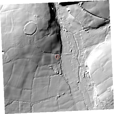 Shaded relief map of the ground around TR140QJ, computed from Environment Agency LiDAR. The ground here sits at about 62 m above sea level and falls 33 m across the surrounding 800 m. Surface water reaching this point runs off ground lying to the north-west, 26.6 m higher.