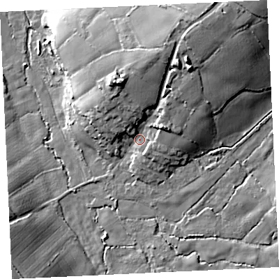 Shaded relief map of the ground around TR140QR, computed from Environment Agency LiDAR. The ground here sits at about 68 m above sea level and falls 31 m across the surrounding 800 m. Surface water reaching this point runs off ground lying to the north-north-east, 21.6 m higher.
