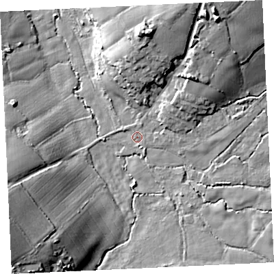 Shaded relief map of the ground around TR140QU, computed from Environment Agency LiDAR. The ground here sits at about 64 m above sea level and falls 26 m across the surrounding 800 m. Surface water reaching this point runs off ground lying to the north-north-east, 20.9 m higher.
