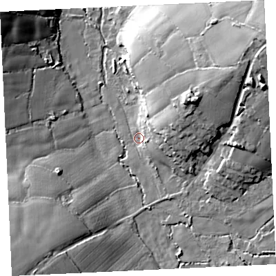 Shaded relief map of the ground around TR140QX, computed from Environment Agency LiDAR. The ground here sits at about 61 m above sea level and falls 28 m across the surrounding 800 m. Surface water reaching this point runs off ground lying to the north-east, 20.7 m higher.