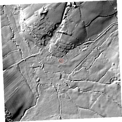 Shaded relief map of the ground around TR140QZ, computed from Environment Agency LiDAR. The ground here sits at about 66 m above sea level and falls 26 m across the surrounding 800 m. Surface water reaching this point runs off ground lying to the north-north-east, 18.7 m higher.