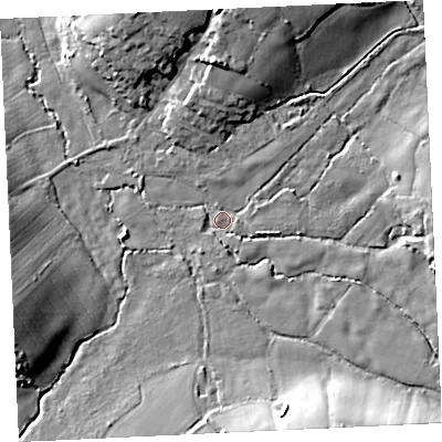 Shaded relief map of the ground around TR140RE, computed from Environment Agency LiDAR. The ground here sits at about 66 m above sea level and falls 22 m across the surrounding 800 m. Surface water reaching this point runs off ground lying to the east, 12.0 m higher.