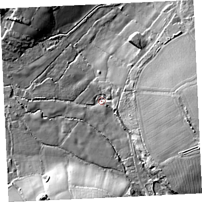 Shaded relief map of the ground around TR140RP, computed from Environment Agency LiDAR. The ground here sits at about 70 m above sea level and falls 34 m across the surrounding 800 m. Surface water reaching this point runs off ground lying to the east-north-east, 13.8 m higher.