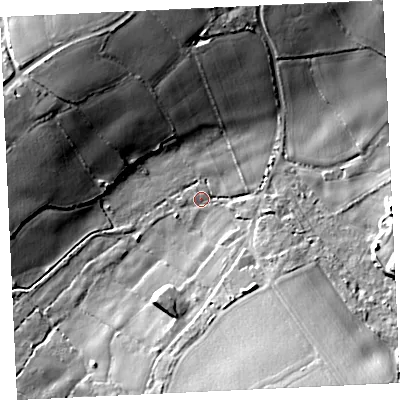 Shaded relief map of the ground around TR140RQ, computed from Environment Agency LiDAR. The ground here sits at about 77 m above sea level and falls 31 m across the surrounding 800 m. Surface water reaching this point runs off ground lying to the south-east, 20.7 m higher.
