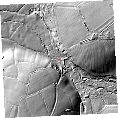 Shaded relief map of the ground around TR140RR, computed from Environment Agency LiDAR. The ground here sits at about 75 m above sea level and falls 37 m across the surrounding 800 m. Surface water reaching this point runs off ground lying to the east-north-east, 29.0 m higher.