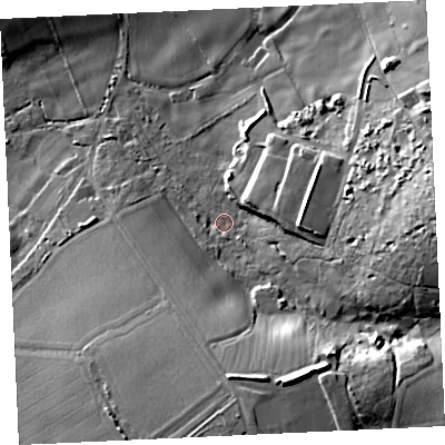 Shaded relief map of the ground around TR140RT, computed from Environment Agency LiDAR. The ground here sits at about 86 m above sea level and falls 41 m across the surrounding 800 m. Surface water reaching this point runs off ground lying to the east, 30.7 m higher.