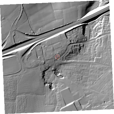 Shaded relief map of the ground around TR147NB, computed from Environment Agency LiDAR. The ground here sits at about 79 m above sea level and falls 37 m across the surrounding 800 m. Surface water reaching this point runs off ground lying to the west-north-west, 3.0 m higher.
