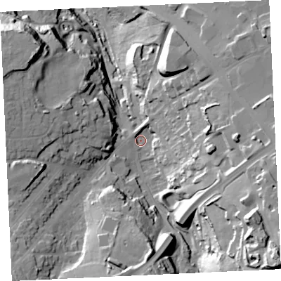 Shaded relief map of the ground around TR148FA, computed from Environment Agency LiDAR. The ground here sits at about 78 m above sea level and falls 56 m across the surrounding 800 m. Surface water reaching this point runs off ground lying to the south-east, 43.8 m higher.