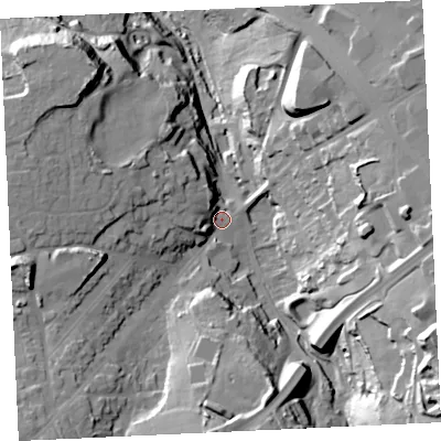Shaded relief map of the ground around TR148NJ, computed from Environment Agency LiDAR. The ground here sits at about 81 m above sea level and falls 51 m across the surrounding 800 m. Surface water reaching this point runs off ground lying to the east-south-east, 39.3 m higher.