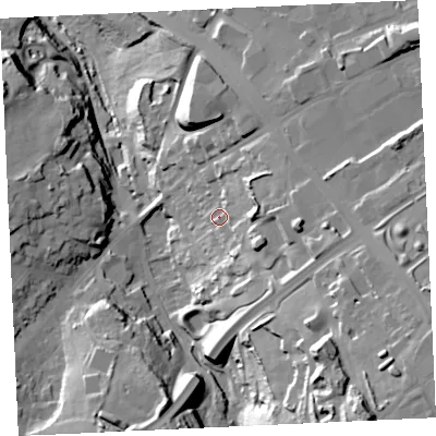 Shaded relief map of the ground around TR148NW, computed from Environment Agency LiDAR. The ground here sits at about 92 m above sea level and falls 56 m across the surrounding 800 m. Surface water reaching this point runs off ground lying to the east, 17.3 m higher.
