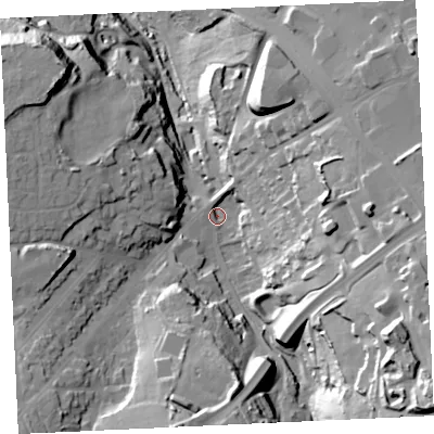 Shaded relief map of the ground around TR148QX, computed from Environment Agency LiDAR. The ground here sits at about 78 m above sea level and falls 55 m across the surrounding 800 m. Surface water reaching this point runs off ground lying to the south-east, 43.6 m higher.