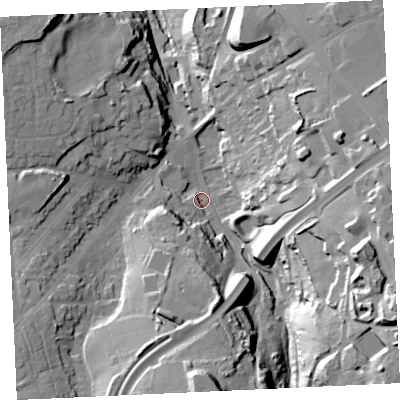 Shaded relief map of the ground around TR148QY, computed from Environment Agency LiDAR. The ground here sits at about 80 m above sea level and falls 53 m across the surrounding 800 m. Surface water reaching this point runs off ground lying to the east-south-east, 42.4 m higher.