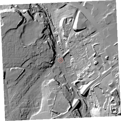 Shaded relief map of the ground around TR148RE, computed from Environment Agency LiDAR. The ground here sits at about 80 m above sea level and falls 54 m across the surrounding 800 m. Surface water reaching this point runs off ground lying to the south-east, 42.9 m higher.