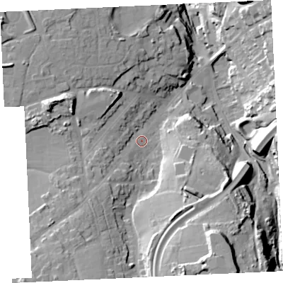 Shaded relief map of the ground around TR148RF, computed from Environment Agency LiDAR. The ground here sits at about 90 m above sea level and falls 46 m across the surrounding 800 m. Surface water reaching this point runs off ground lying to the south-west, 22.2 m higher.