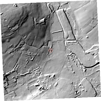 Shaded relief map of the ground around TR149AR, computed from Environment Agency LiDAR. The ground here sits at about 135 m above sea level and falls 48 m across the surrounding 800 m. Surface water reaching this point runs off ground lying to the north-west, 44.7 m higher.
