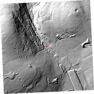 Shaded relief map of the ground around TR149AT, computed from Environment Agency LiDAR. The ground here sits at about 128 m above sea level and falls 80 m across the surrounding 800 m. Surface water reaching this point runs off ground lying to the south-west, 50.2 m higher.