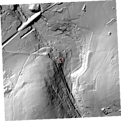 Shaded relief map of the ground around TR149AZ, computed from Environment Agency LiDAR. The ground here sits at about 109 m above sea level and falls 93 m across the surrounding 800 m. Surface water reaching this point runs off ground lying to the south-south-west, 82.1 m higher.