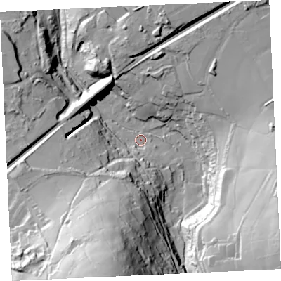 Shaded relief map of the ground around TR149BE, computed from Environment Agency LiDAR. The ground here sits at about 97 m above sea level and falls 90 m across the surrounding 800 m. Surface water reaching this point runs off ground lying to the south-south-west, 79.7 m higher.