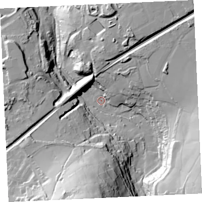 Shaded relief map of the ground around TR149BH, computed from Environment Agency LiDAR. The ground here sits at about 96 m above sea level and falls 79 m across the surrounding 800 m. Surface water reaching this point runs off ground lying to the south, 68.6 m higher.