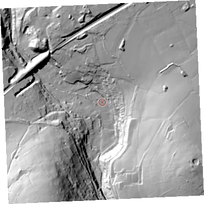 Shaded relief map of the ground around TR149DE, computed from Environment Agency LiDAR. The ground here sits at about 99 m above sea level and falls 92 m across the surrounding 800 m. Surface water reaching this point runs off ground lying to the south-south-west, 79.6 m higher.