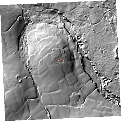 Shaded relief map of the ground around TR149JR, computed from Environment Agency LiDAR. The ground here sits at about 135 m above sea level and falls 67 m across the surrounding 800 m. Surface water reaching this point runs off ground lying to the south-south-west, 2.4 m higher.
