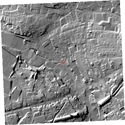 Shaded relief map of the ground around TR151AB, computed from Environment Agency LiDAR. The ground here sits at about 91 m above sea level and falls 48 m across the surrounding 800 m. Surface water reaching this point runs off ground lying to the east-south-east, 35.4 m higher.