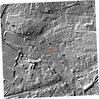 Shaded relief map of the ground around TR151AN, computed from Environment Agency LiDAR. The ground here sits at about 90 m above sea level and falls 48 m across the surrounding 800 m. Surface water reaching this point runs off ground lying to the east-north-east, 21.3 m higher.