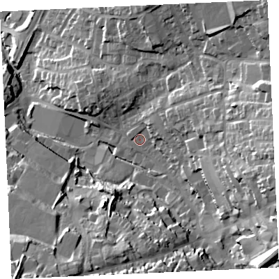 Shaded relief map of the ground around TR151AW, computed from Environment Agency LiDAR. The ground here sits at about 90 m above sea level and falls 49 m across the surrounding 800 m. Surface water reaching this point runs off ground lying to the east, 27.9 m higher.