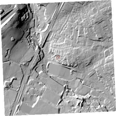 Shaded relief map of the ground around TR151AX, computed from Environment Agency LiDAR. The ground here sits at about 85 m above sea level and falls 42 m across the surrounding 800 m. Surface water reaching this point runs off ground lying to the east, 11.4 m higher.