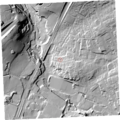 Shaded relief map of the ground around TR151DW, computed from Environment Agency LiDAR. The ground here sits at about 86 m above sea level and falls 43 m across the surrounding 800 m. Surface water reaching this point runs off ground lying to the east-south-east, 9.7 m higher.
